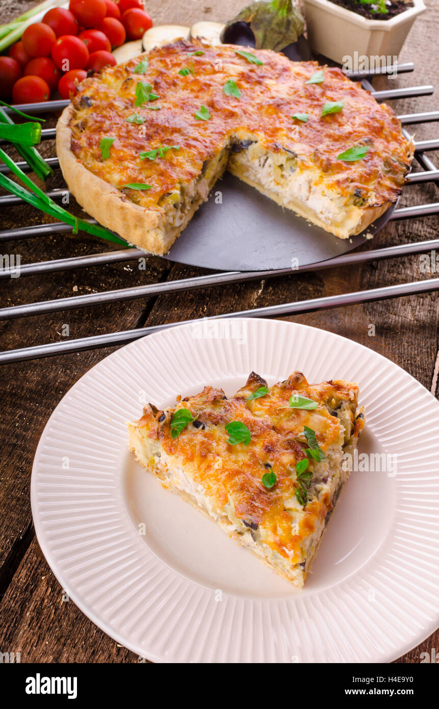 French Quiche with eggplant, leeks and spring onions, bathed in a