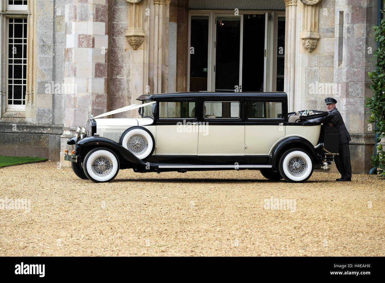 A uniformed chauffeur leans against the back of a classic vinate ford wedding car, waiting the arrival of the bride and groom Stock Photo