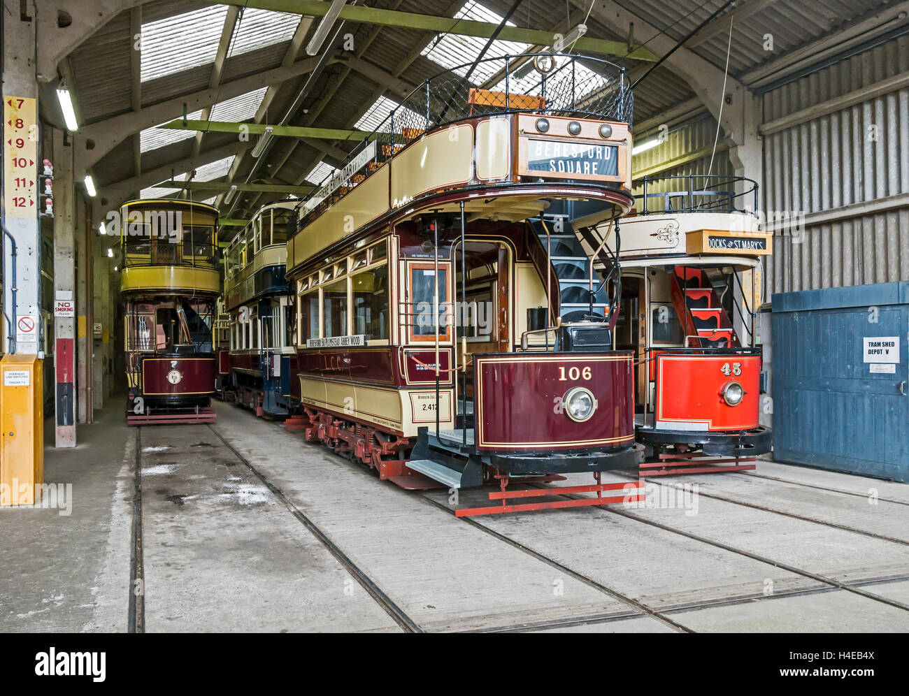 Trams including London County Council 106 at the Tram Depot at Crich Tramway Village  Crich Matlock Derbyshire England Stock Photo