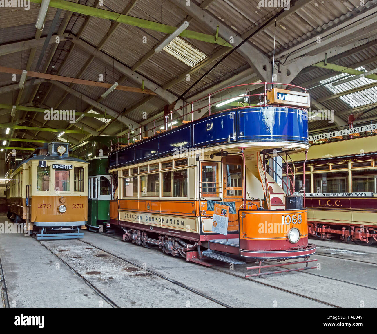Trams including Glasgow Corporation 1068 at the Tram Depot at Crich Tramway Village  Crich Matlock Derbyshire England Stock Photo