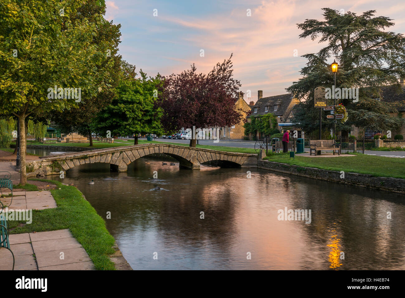 Bourton-on-the-Water at sunrise. Stock Photo