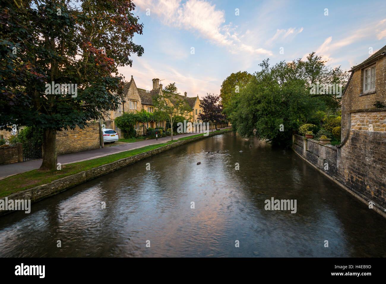 Bourton-on-the-Water at sunrise. Stock Photo