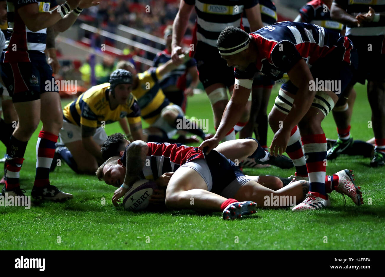 Bristol Rugby's Max Crumpton dives in to score his sides first try the European Challenge Cup, pool four match at Ashton Gate Stadium, Bristol. Stock Photo