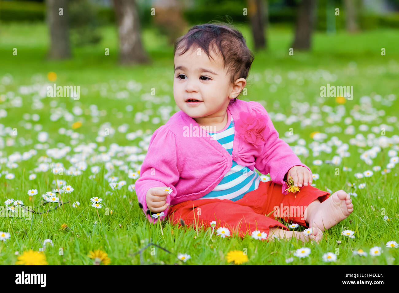 Cute chubby toddler sitting on the grass smiling exploring nature outdoors in the park Stock Photo