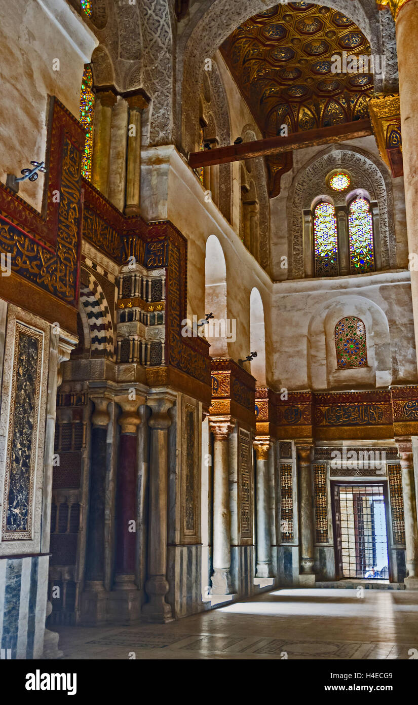 The stone hall decorated with arabic calligraphy and islamic patterns in Qalawun Mausoleum, Cairo Egypt Stock Photo