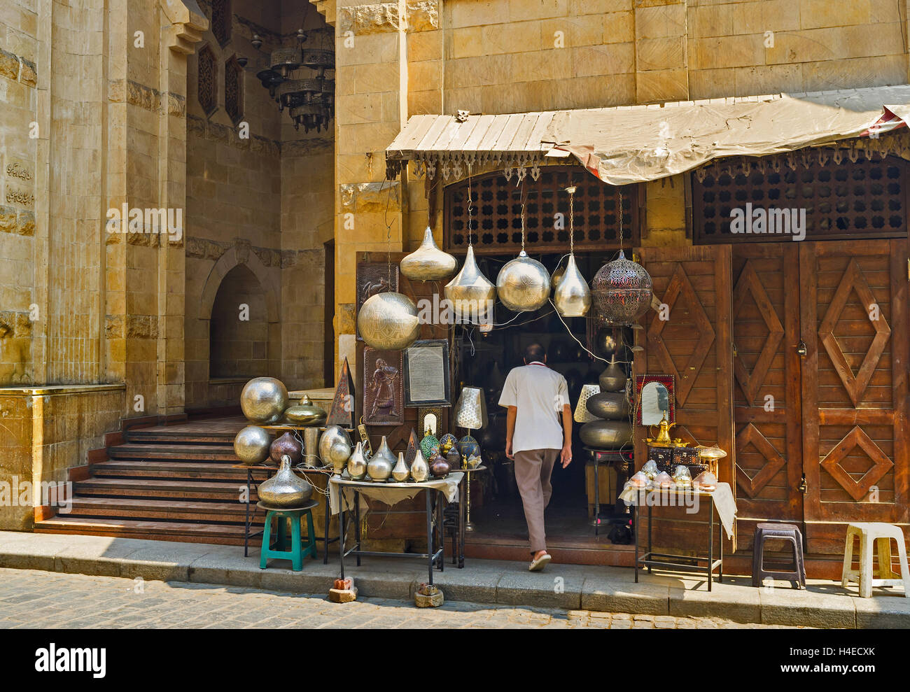 The market stall with numerous arabian lights on Al-Muizz street in Cairo, Egypt. Stock Photo