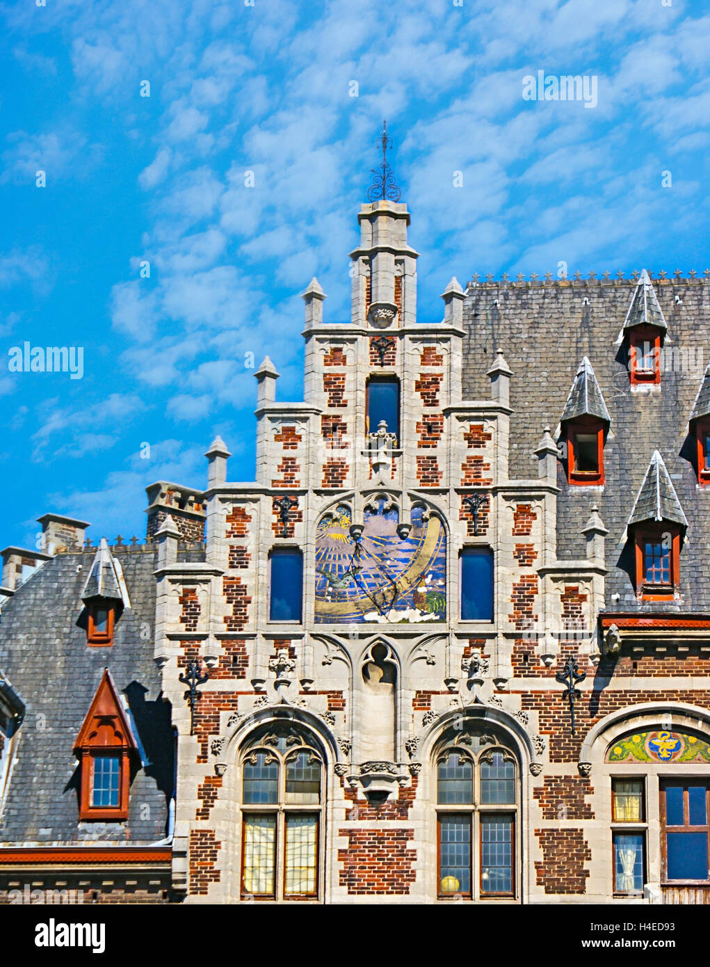 The tower of the art nouveau mansion on Coudenberg street with the astronomical clock Stock Photo