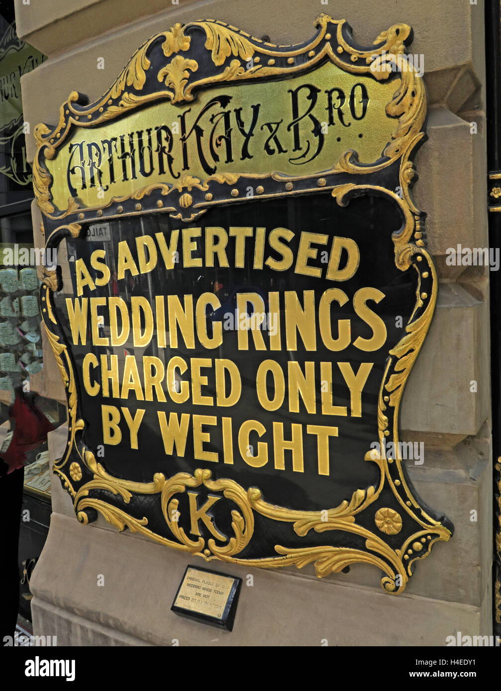 Arthur Kay Jewellers,As advertised,Wedding Rings Charged Only By Weight notice, Market St,Manchester, England, UK Stock Photo