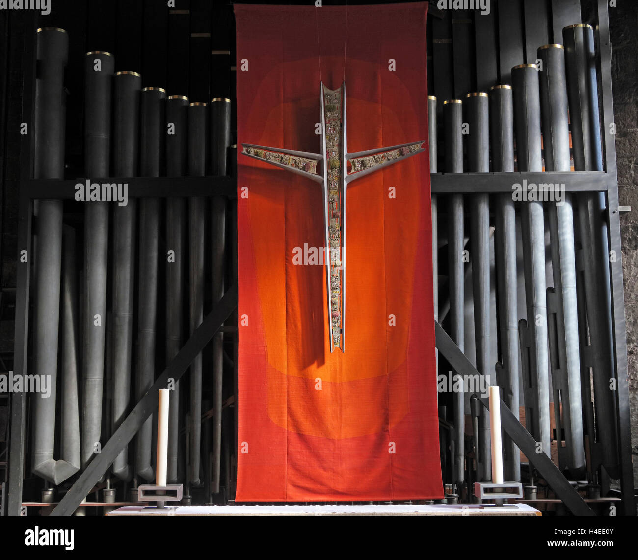 Crucifix and organ pipes,Manchester cathedral,England,UK Stock Photo