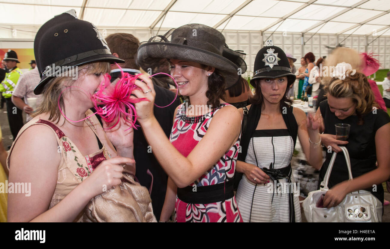police,helmets,Royal Ascot,horse racing meeting.Popular event on social calendar attended by the Queen in Berkshire,England. Ladies Day.English,UK, Stock Photo