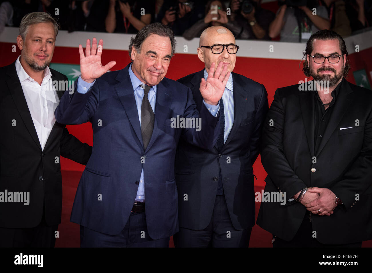 Rome, Italy. 14th Oct, 2016. (L-R) Eric Kopeloff, Oliver Stone, Fernando Sulichin, Philip Schulz-Deyle during the 11th International Film Festival. It is a movie of disillusioned with the intelligence community, top contractor Edward Snowden (Joseph Gordon-Levitt) leaves his job at the National Security Agency. © Andrea Ronchini/Pacific Press/Alamy Live News Stock Photo