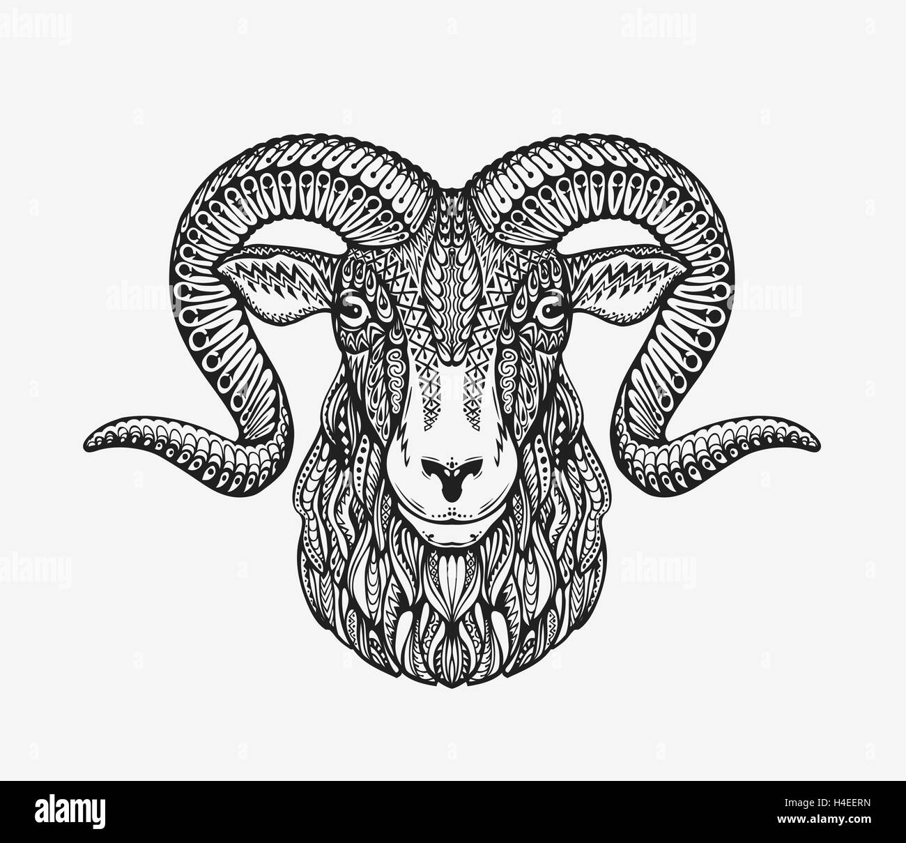 Sheep, ram or mountain goat. Animal decorated with ethnic patterns. Vector illustration Stock Vector