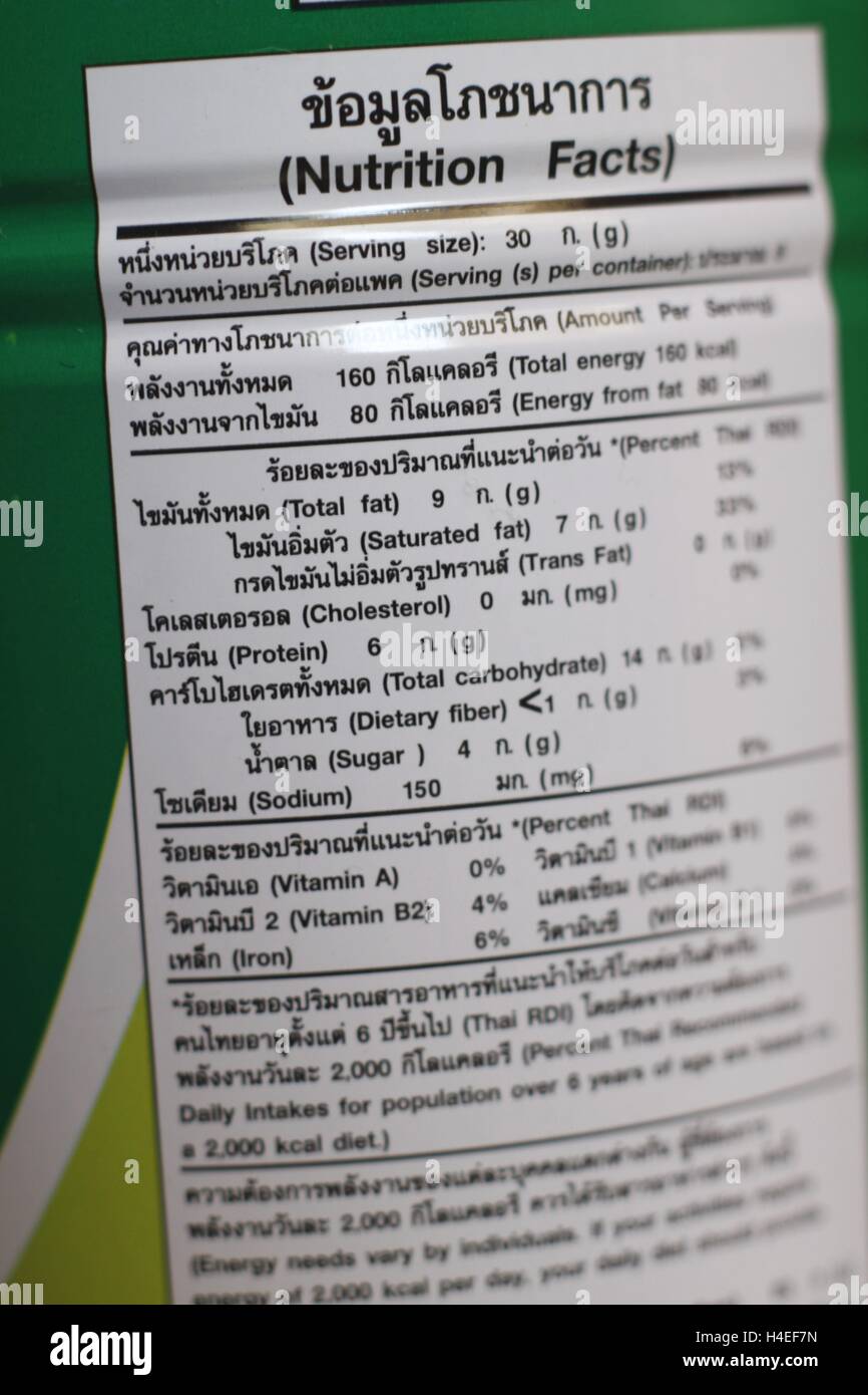 nutritional facts label in Thai food packaging Stock Photo