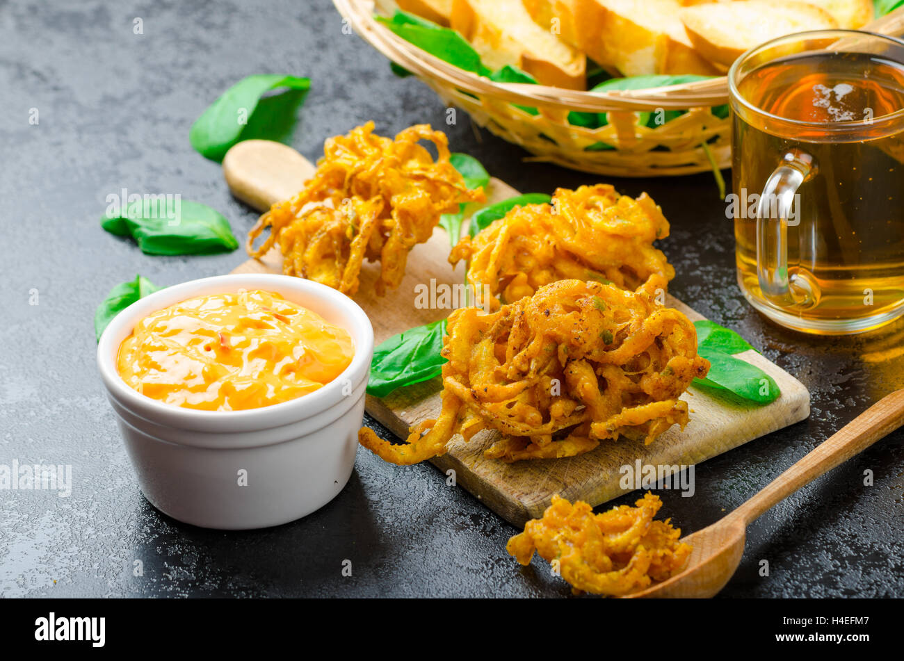 Crispy Onion Bhajis with creame cheese dip with jalapeno and crunchi