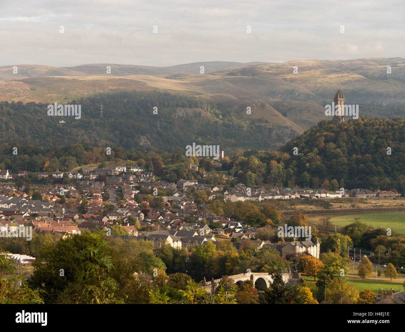The view from Stirling Castle across The Old Bridge to The Wallace Monument and Ochil Hills, Stirling, Scotland, UK Stock Photo