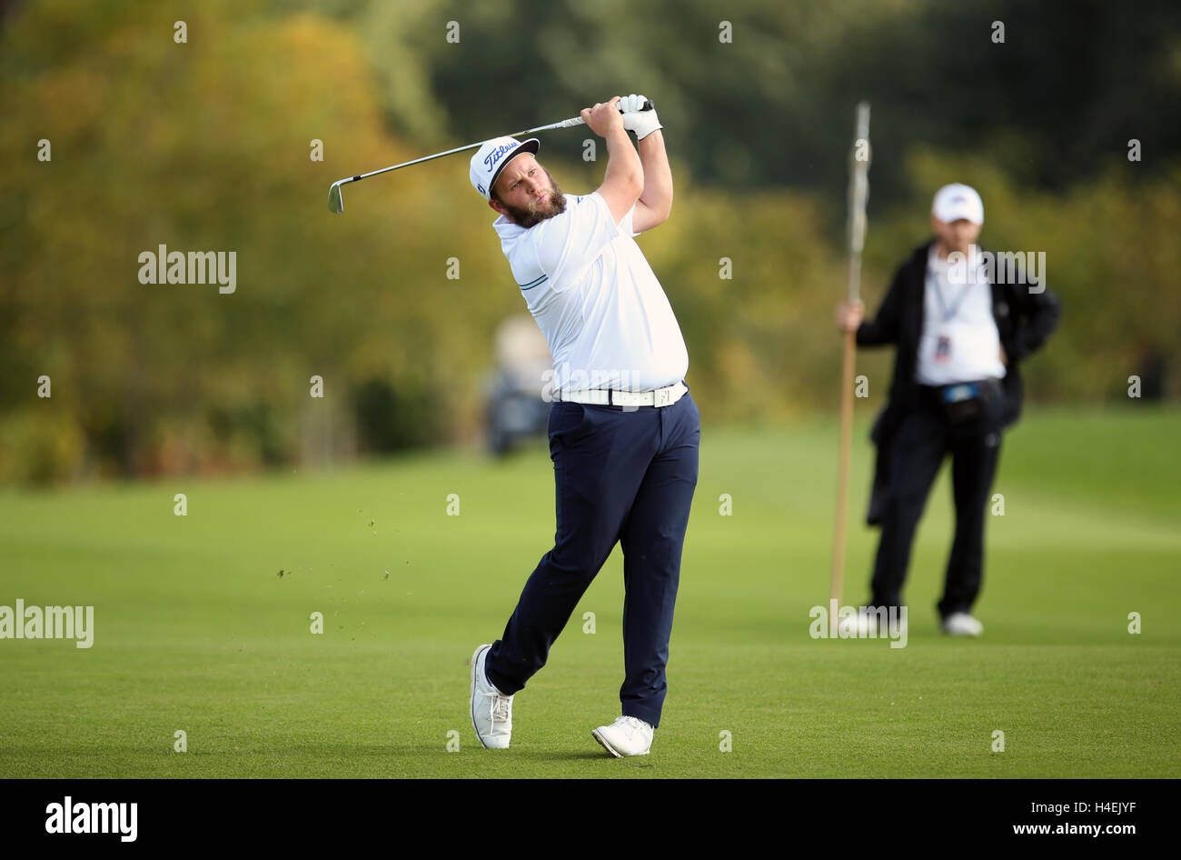 England's Andrew Johnston plays a shot on the 8th hole during day three of The British Masters at The Grove, Chandler's Cross. Stock Photo