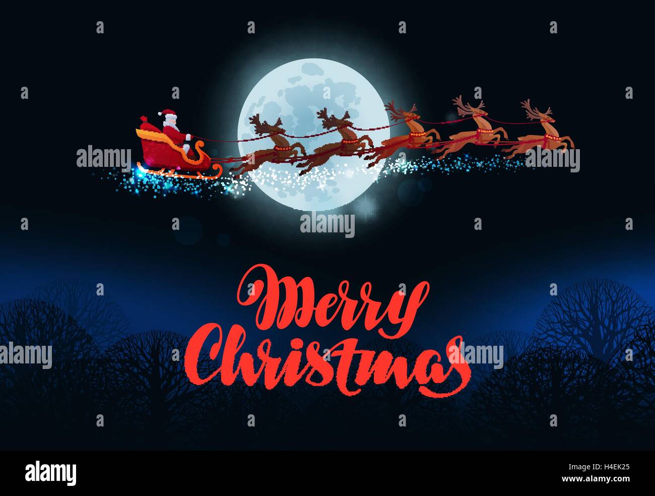 Merry Christmas greeting card. Santa Claus flies in sleigh pulled by reindeer Stock Vector