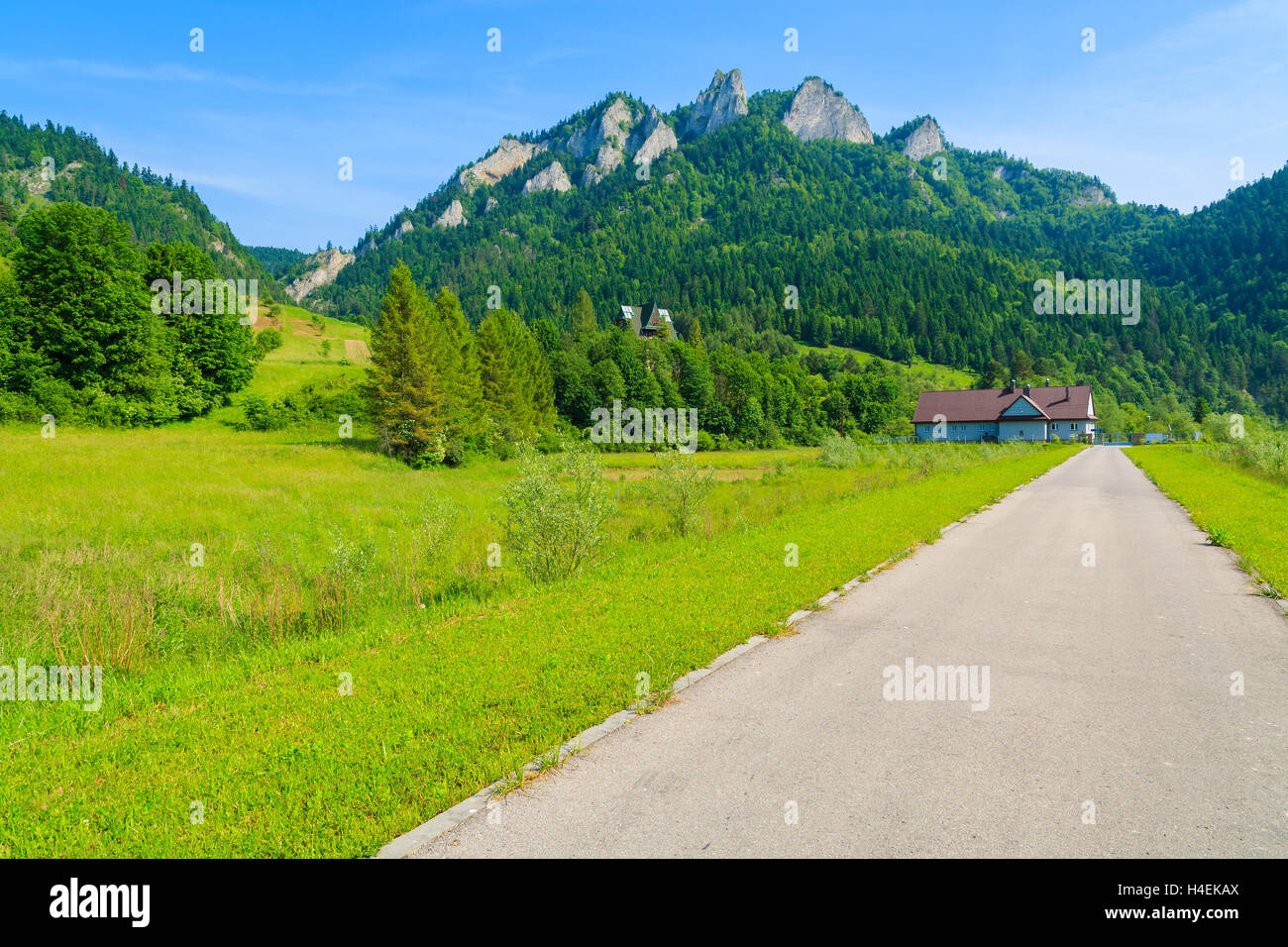 Countryside road in summer landscape with view of Trzy Korony, Pieniny Mountains, Poland Stock Photo