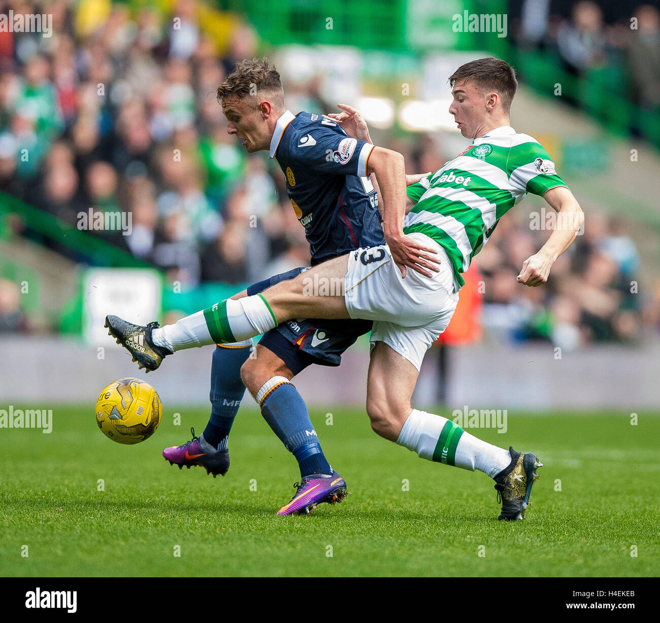 Motherwell's Ross Maclean and Celtic's Kieran Tierney battle for the Motherwell's Ross Maclean and Celtic's Kieran Tierney battle for the