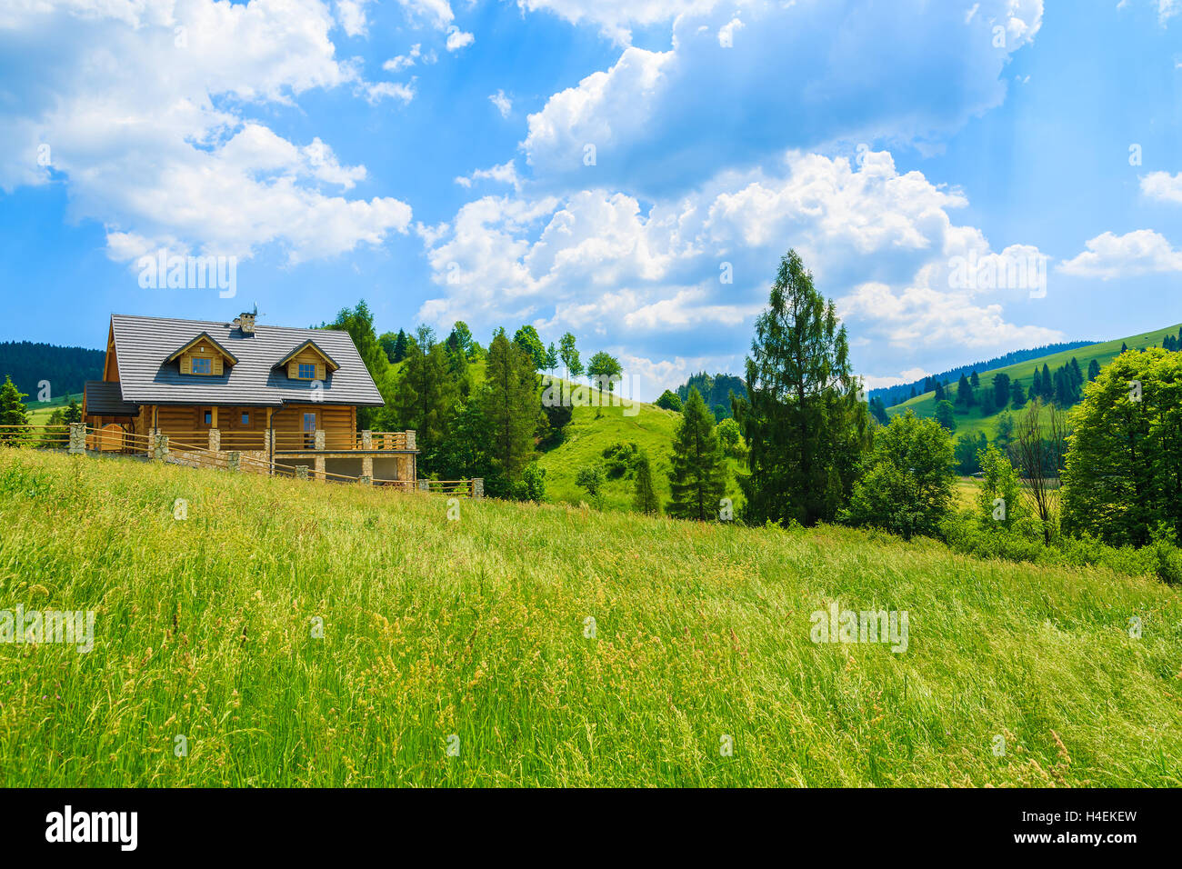 Traditional wooden mountain house on green field in summer, Szczawnica, Beskid Mountains, Poland Stock Photo