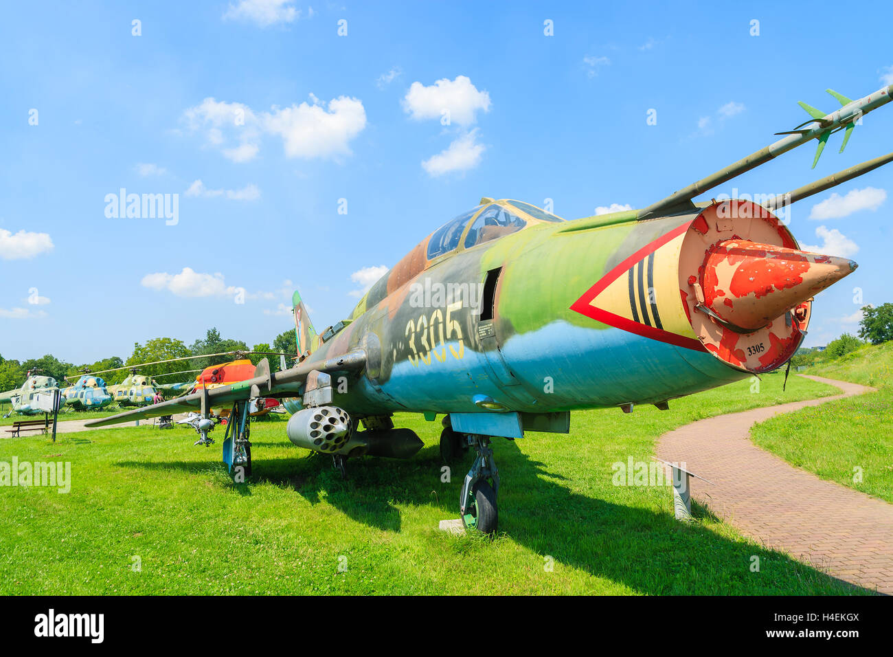 KRAKOW MUSEUM OF AVIATION, POLAND - JUL 27, 2014:  military fighter aircraft on exhibition in outdoor museum of aviation history in Krakow, Poland. In summer often airshows take place here. Stock Photo