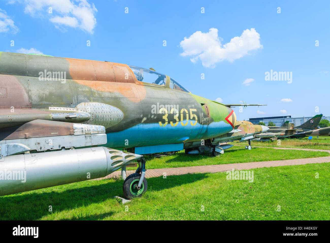 KRAKOW MUSEUM OF AVIATION, POLAND - JUL 27, 2014: military Russian fighter aircraft on exhibition in outdoor museum of aviation history in Krakow, Poland. In summer often airshows take place here. Stock Photo