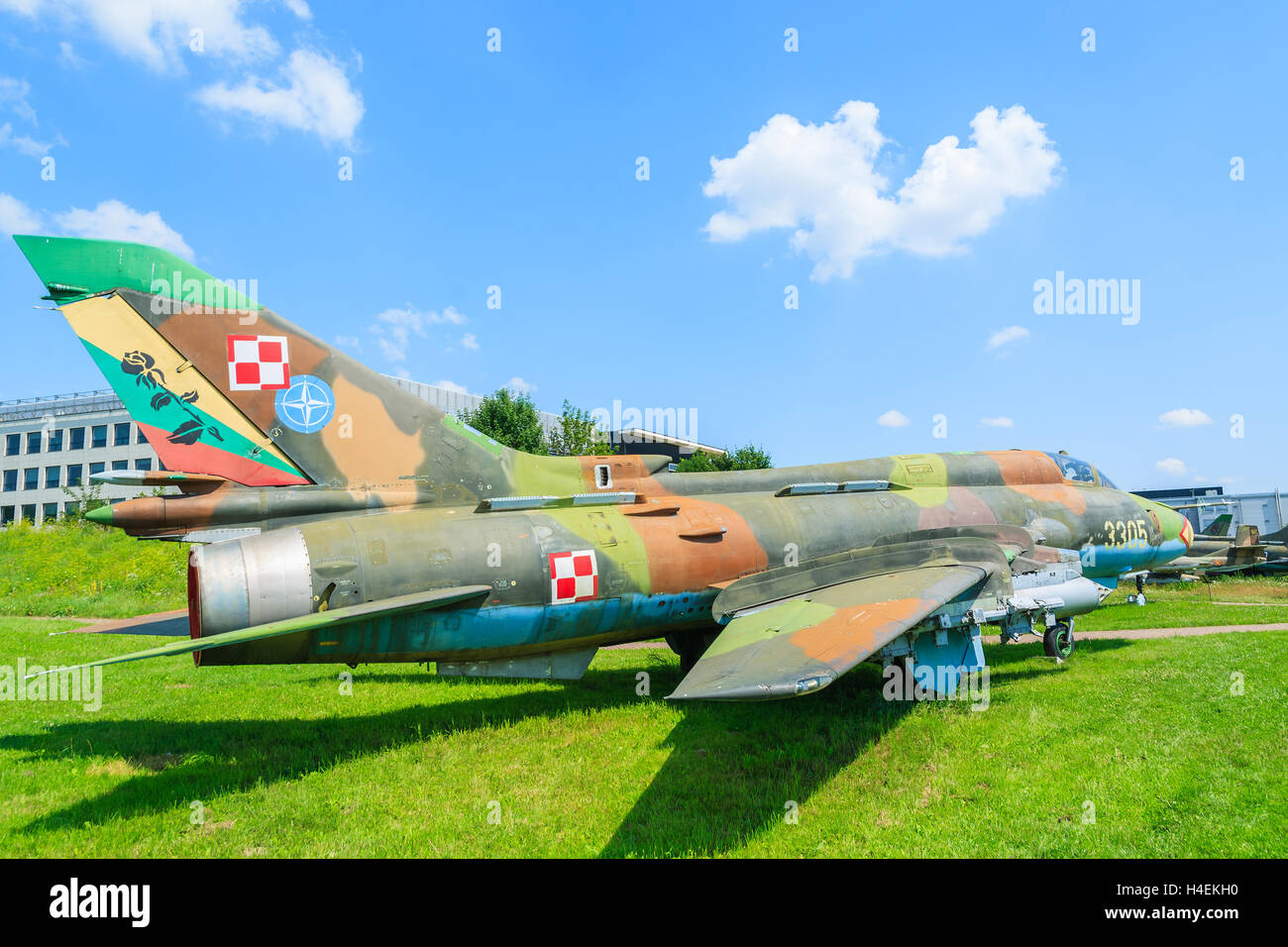 KRAKOW MUSEUM OF AVIATION, POLAND - JUL 27, 2014: military fighter aircraft on exhibition in outdoor museum of aviation history in Krakow, Poland. In summer often airshows take place here. Stock Photo