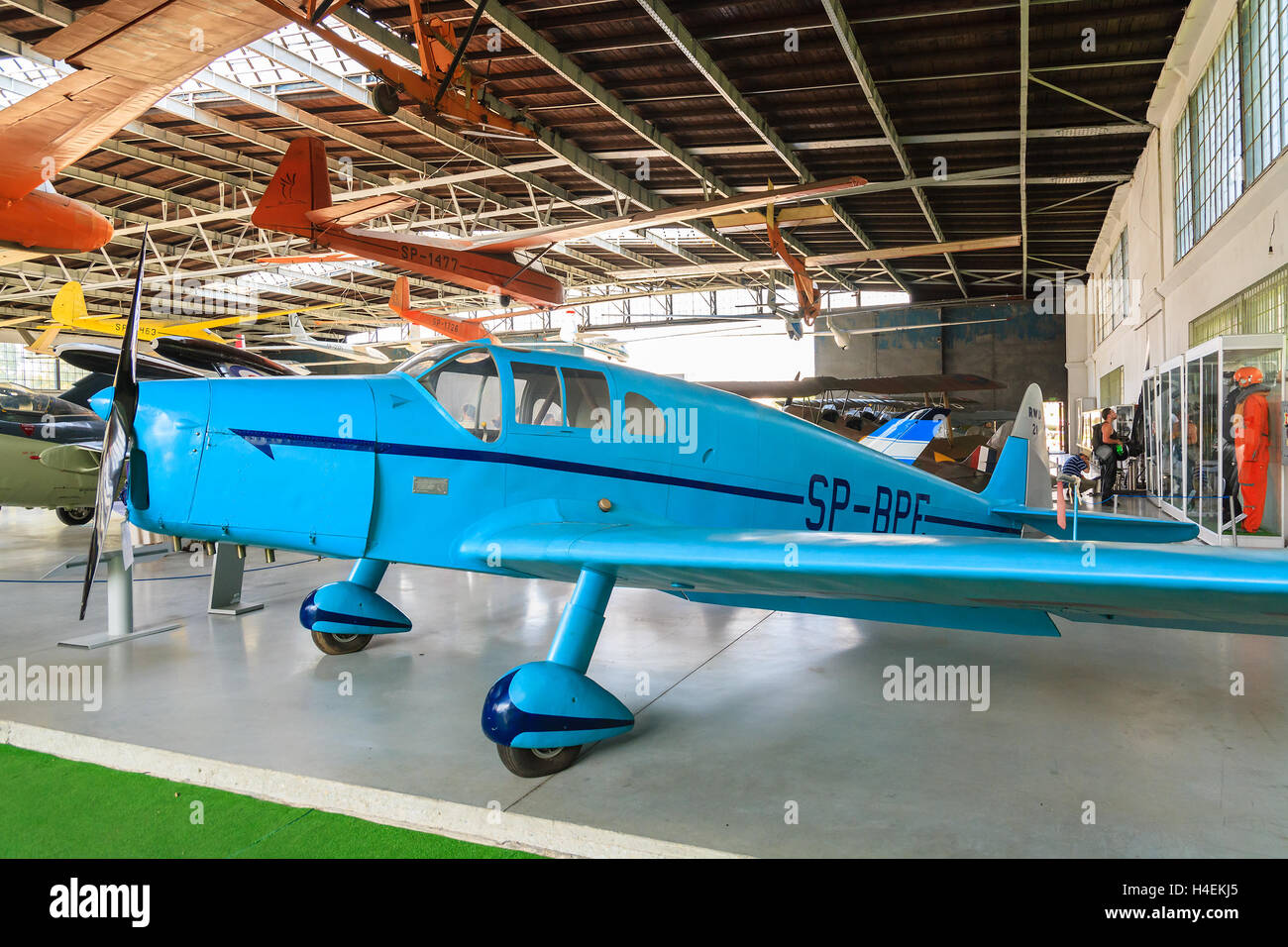 KRAKOW MUSEUM OF AVIATION, POLAND - JUL 27, 2014: old aircraft on exhibition in indoor museum of aviation history in Krakow, Poland. In summer often airshows take place here. Stock Photo