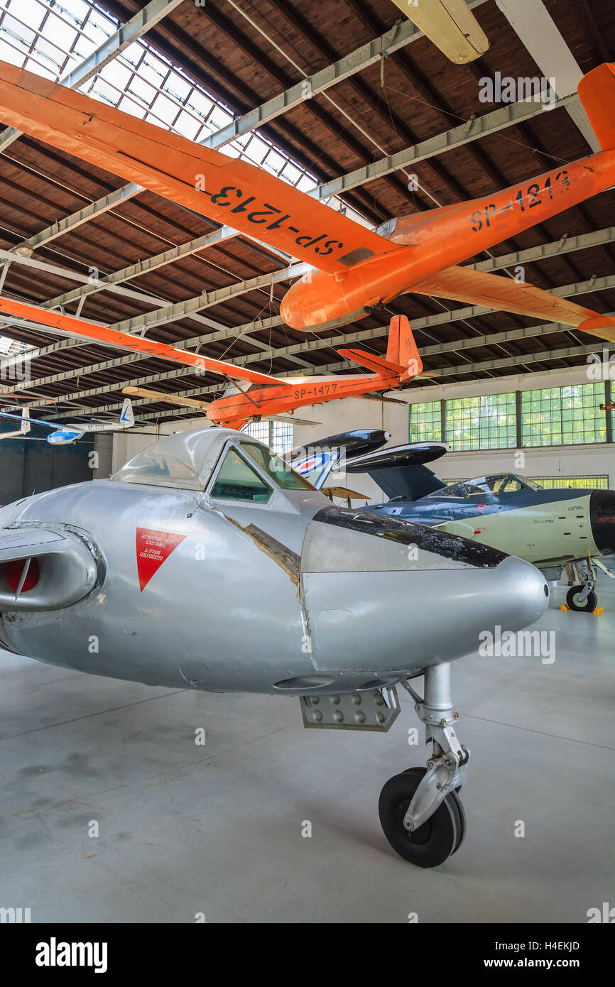 KRAKOW MUSEUM OF AVIATION, POLAND - JUL 27, 2014: old jet aircraft on exhibition in indoor museum of aviation history in Krakow, Poland. In summer often airshows take place here. Stock Photo