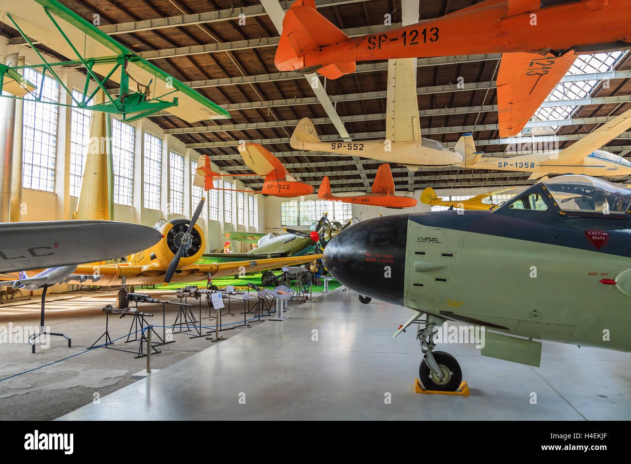 KRAKOW MUSEUM OF AVIATION, POLAND - JUL 27, 2014: old jet aircraft on exhibition in indoor museum of aviation history in Krakow, Poland. In summer often airshows take place here. Stock Photo