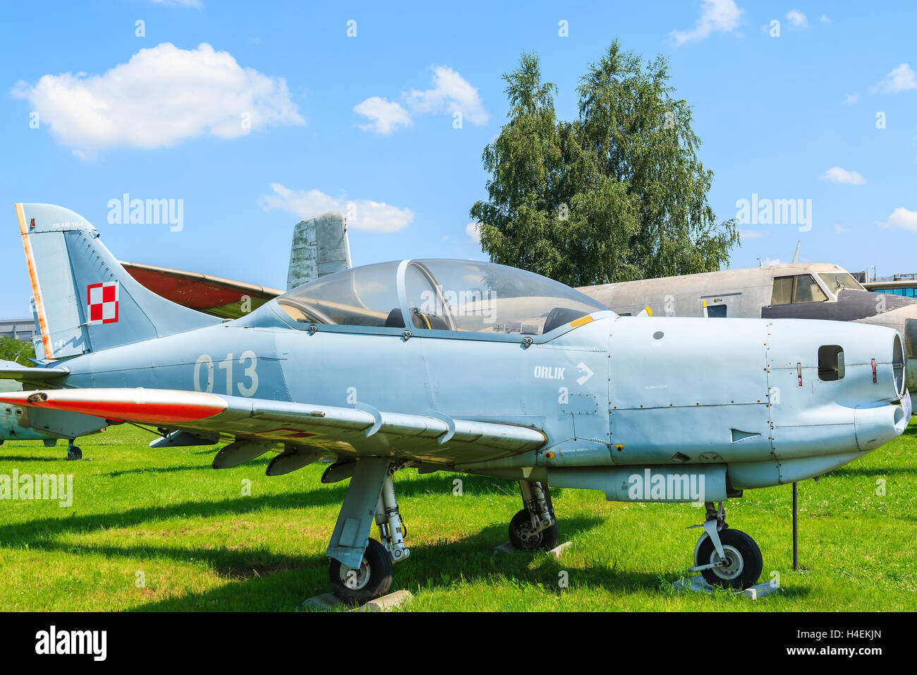 KRAKOW MUSEUM OF AVIATION, POLAND - JUL 27, 2014: military training aircraft 'Orlik' on exhibition in outdoor museum of aviation history in Krakow, Poland. In summer often airshows take place here. Stock Photo