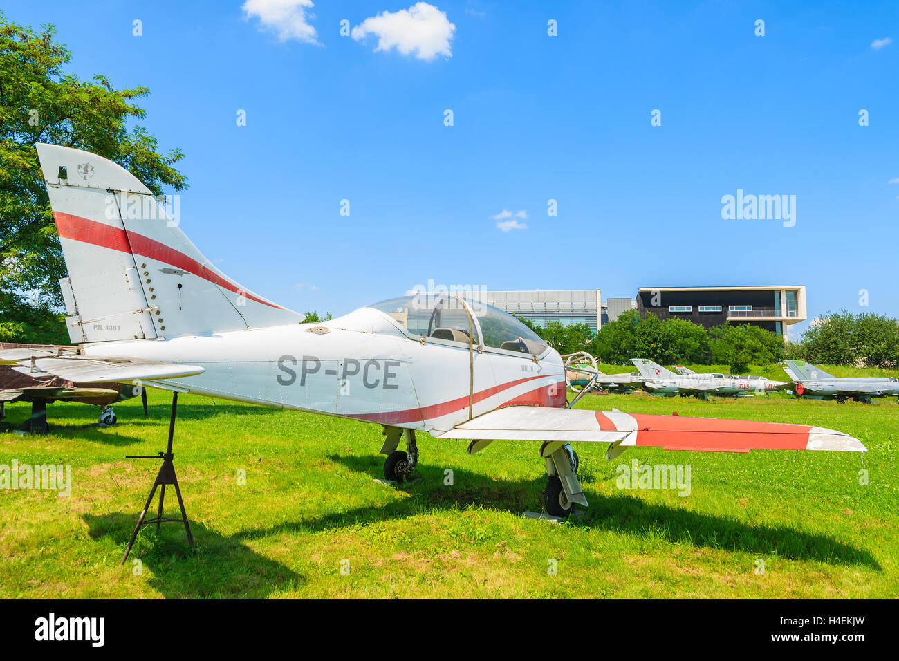 KRAKOW MUSEUM OF AVIATION, POLAND - JUL 27, 2014: military training aircraft on exhibition in outdoor museum of aviation history in Krakow, Poland. In summer often airshows take place here. Stock Photo