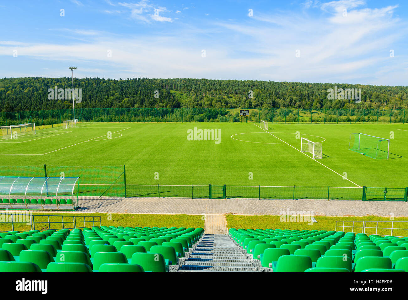 Football field on sunny summer day in Bieszczady Mountains, Poland Stock Photo