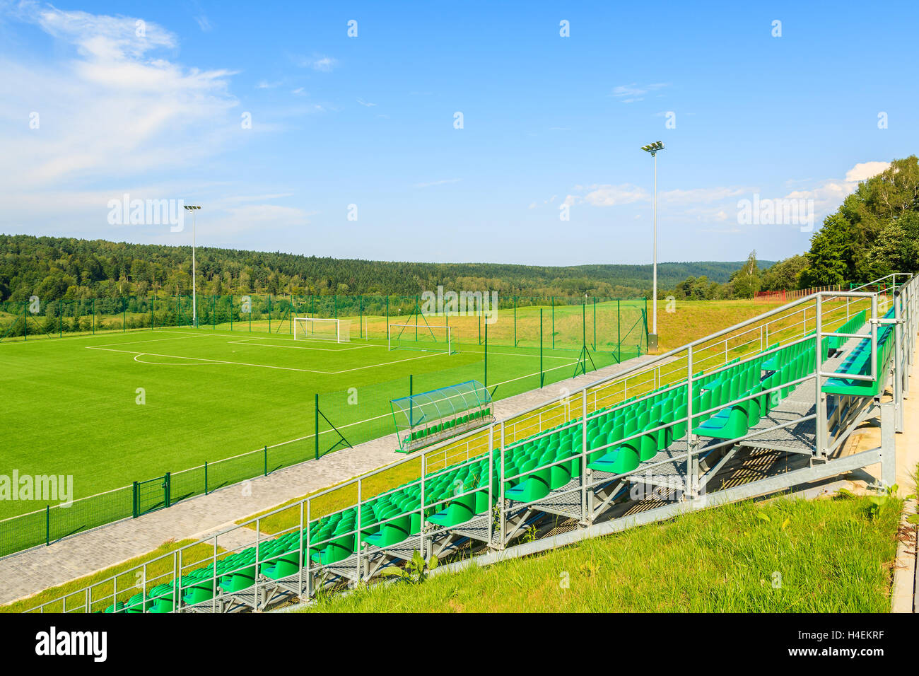 Football field on sunny summer day in Bieszczady Mountains, Poland Stock Photo