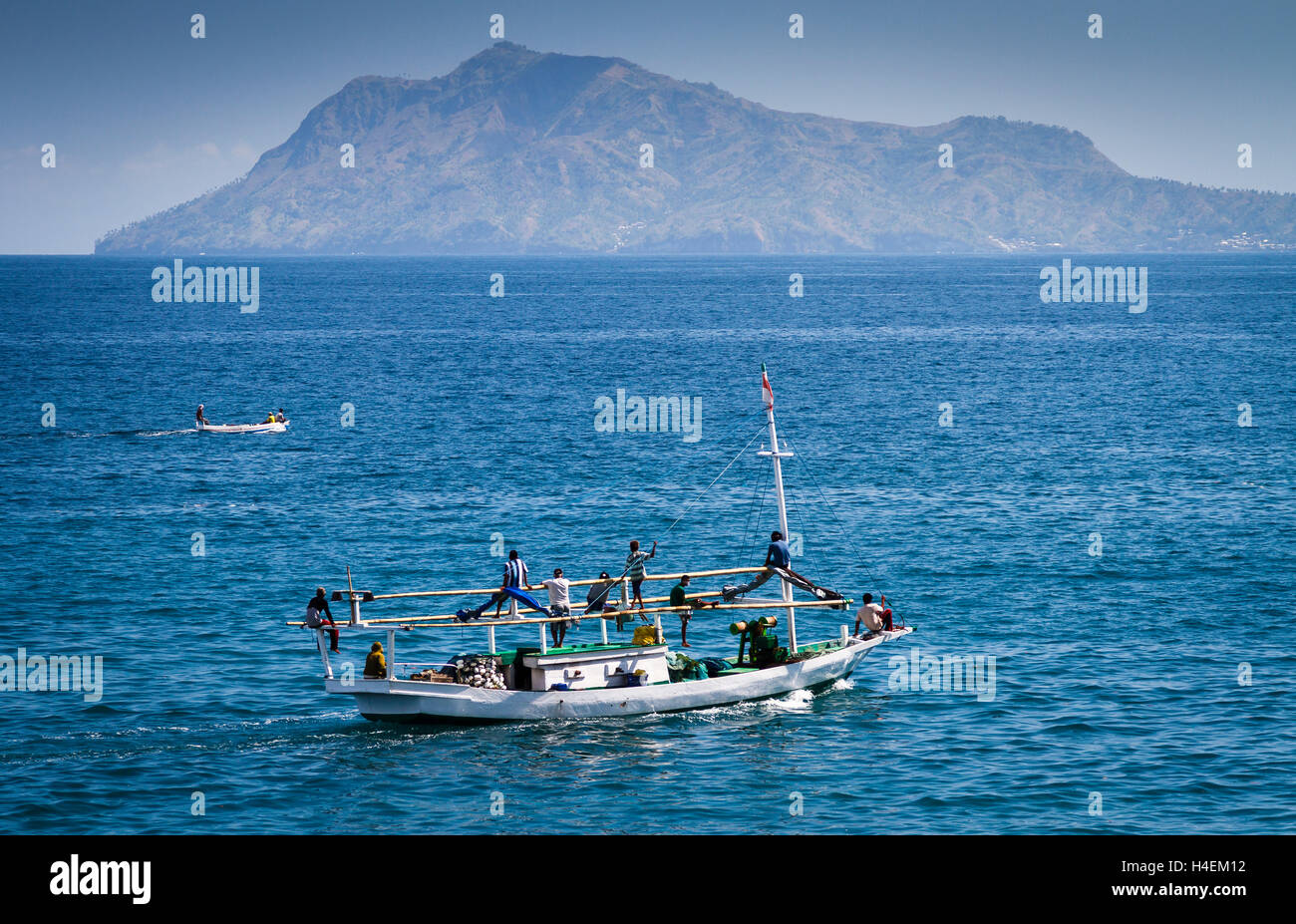 Fish boat in a coastal landscape. Stock Photo