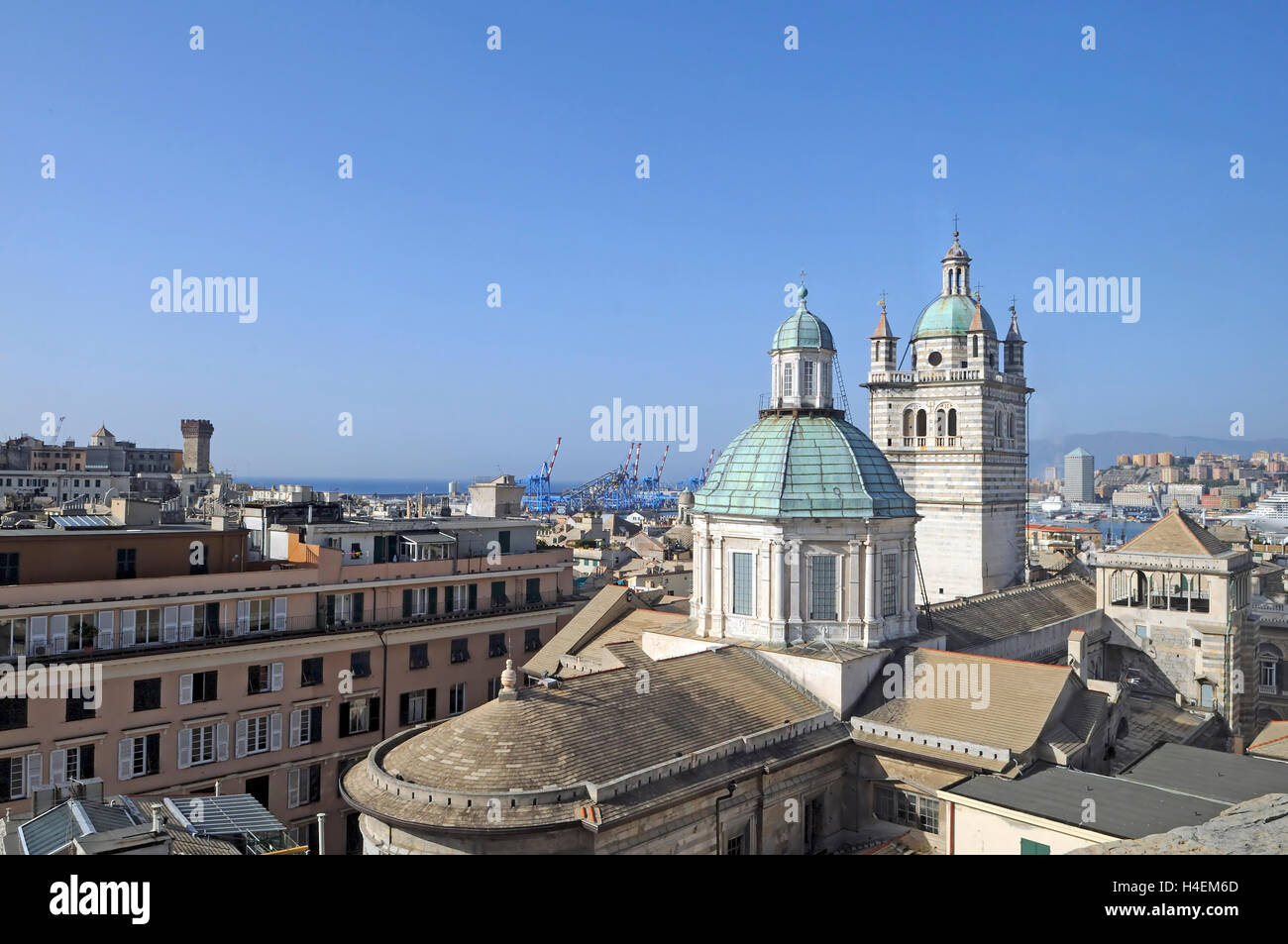 View from the roof of Palazzo Ducale roof to the old town with the Cathedral of San Lorenzo, Genoa, Liguria, Italy, Europe Stock Photo