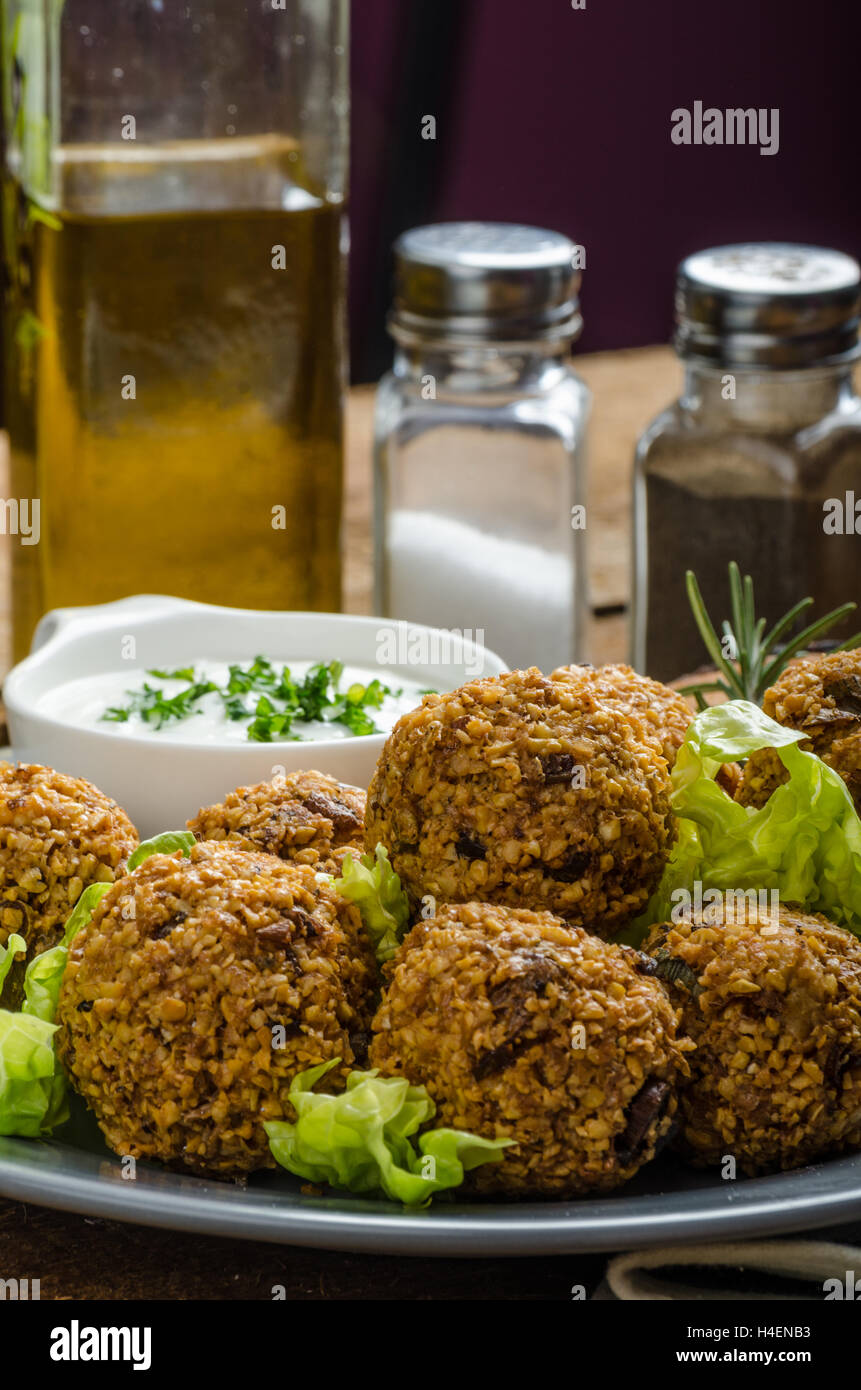 Health crunchy falafel with mint and garlic dip, naan bread with cumin