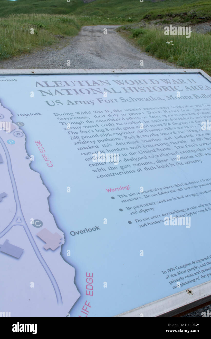 Alaska, Aleutians, Amaknak Island, Dutch Harbor. Sign for Fort Schwatka, WWII remnants of US Army base. National Historic Area. Stock Photo