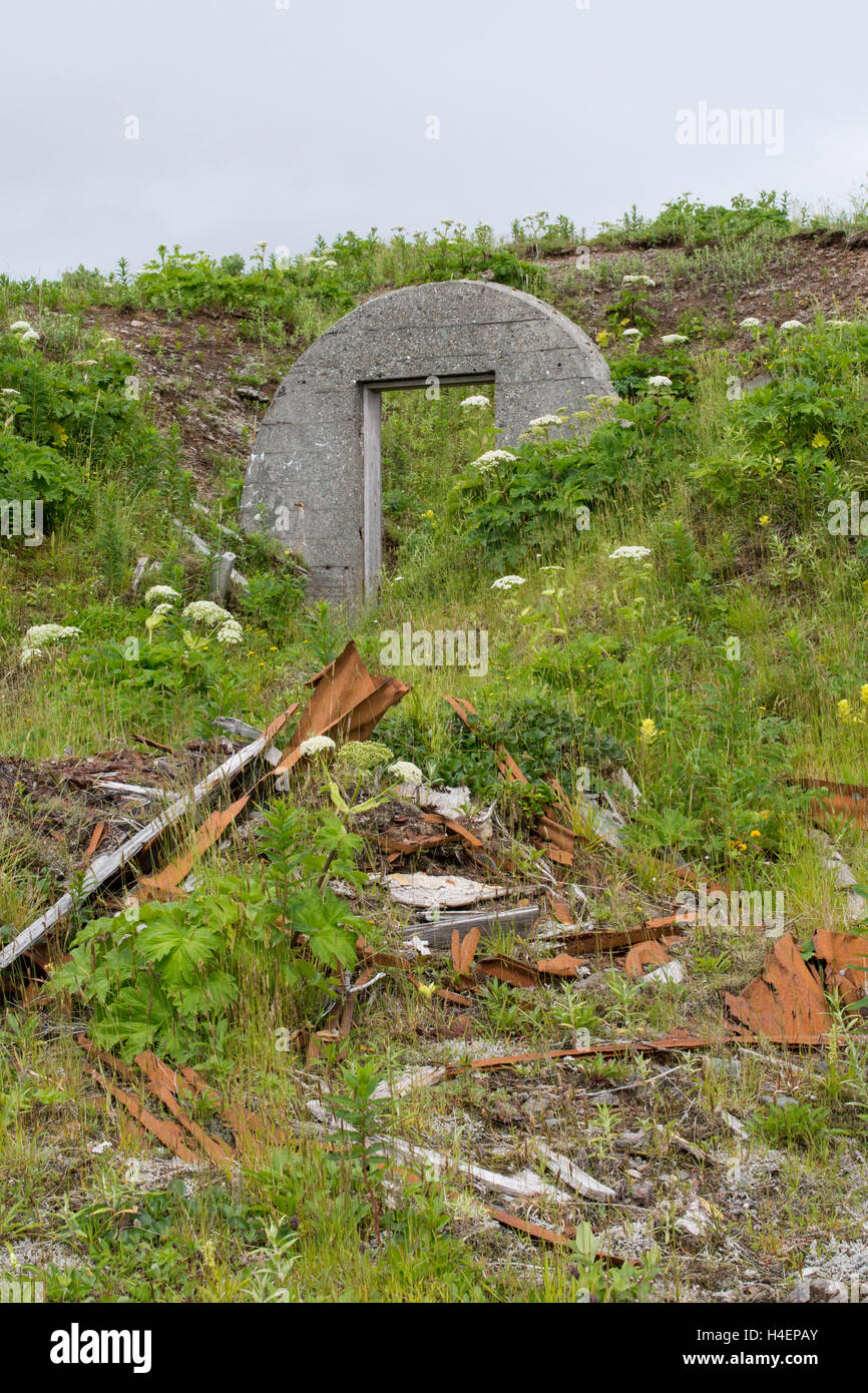 Alaska, Aleutians, Amaknak Island, Dutch Harbor (53-54-15 N 166-31-68 W) Fort Schwatka, WWII remnants of US Army base bunker. Stock Photo