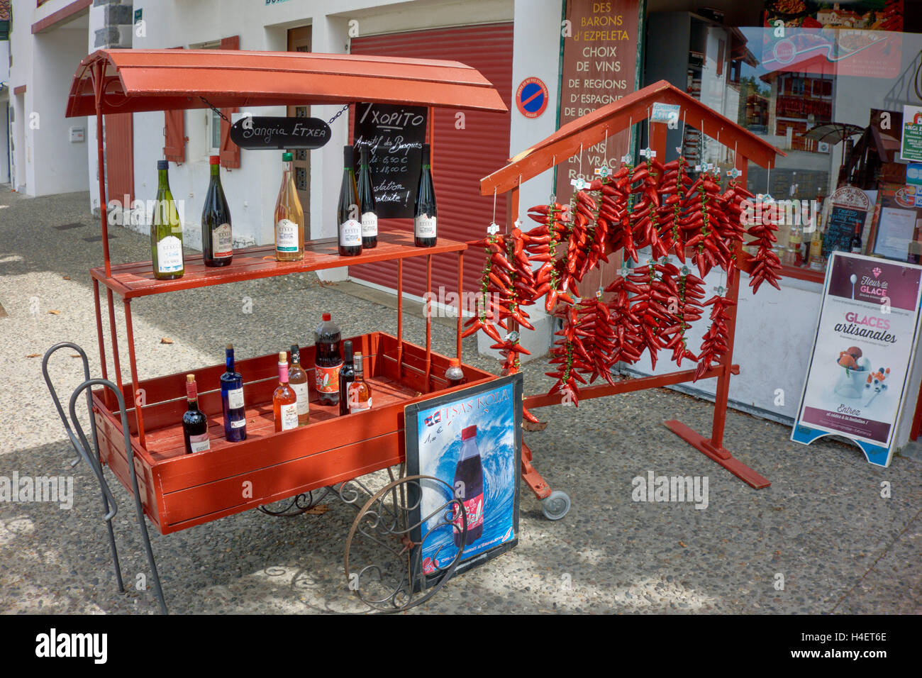 Stand at local products shop in Espelette. Basque Country. Pyrenees Atlantiques.France. Stock Photo