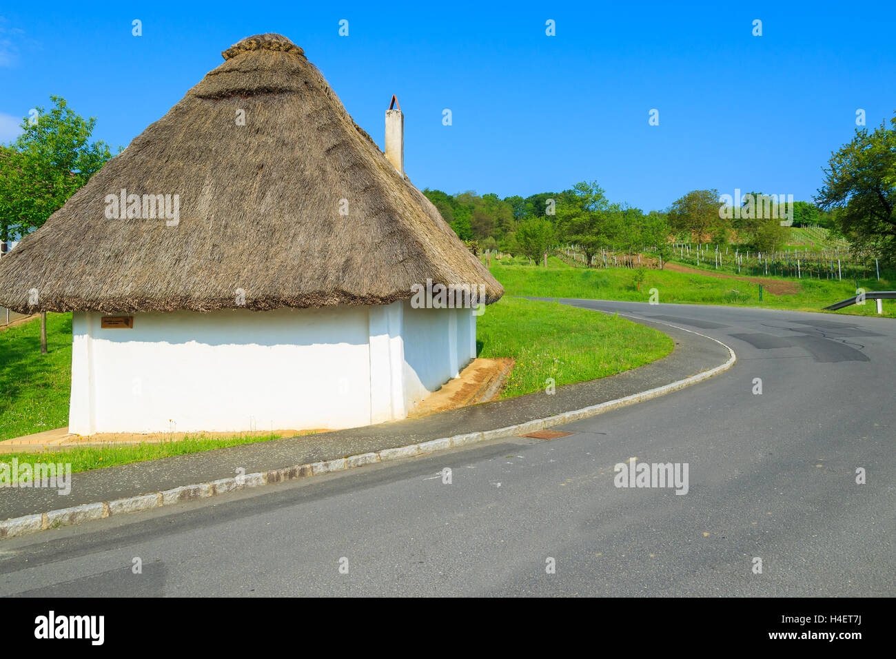 White cottage with thatched roof along a rural road, Burgenland, southern Austria Stock Photo