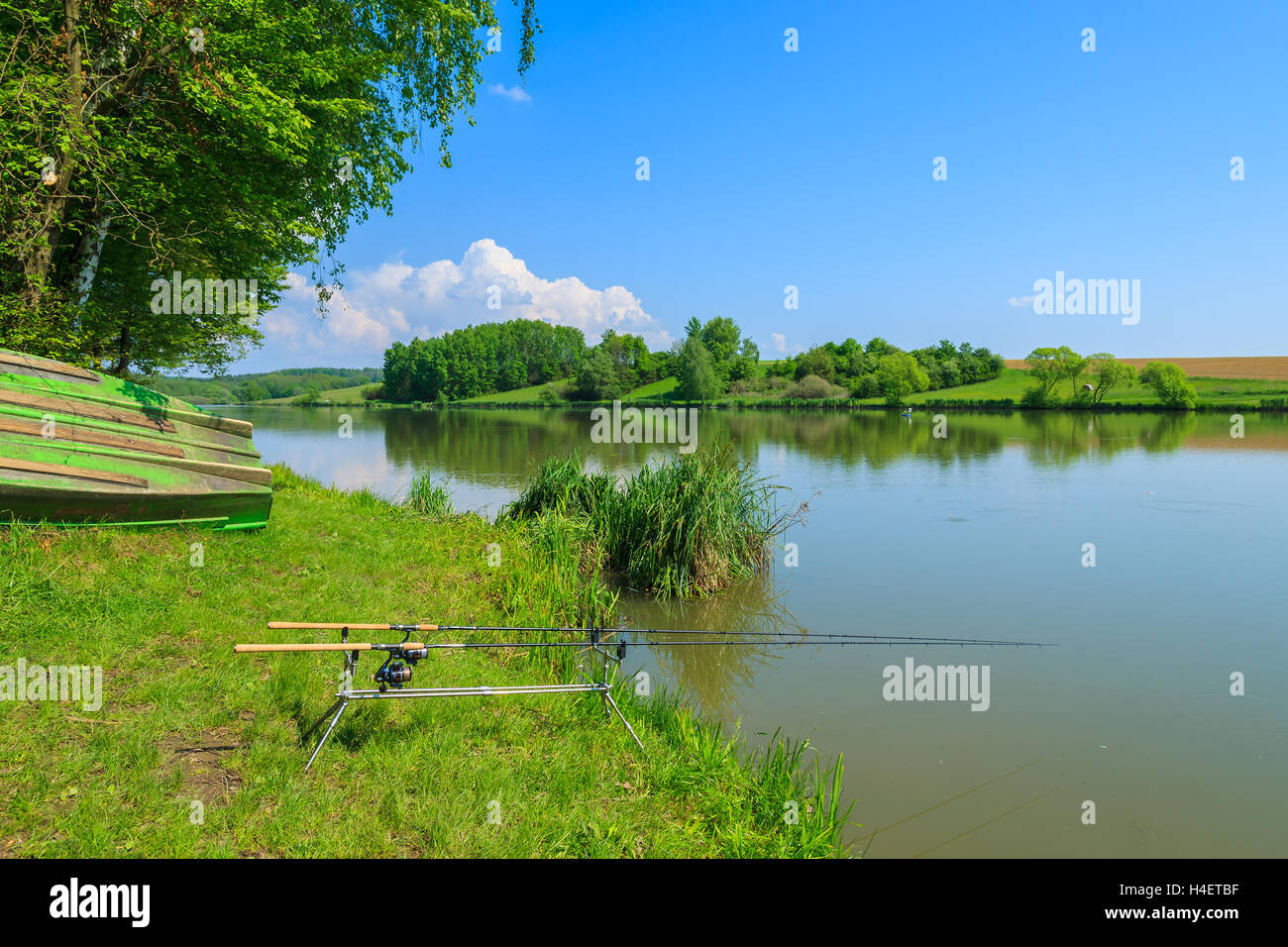 Fishing rod on lake shore in spring, Burgenland, southern Austria Stock Photo