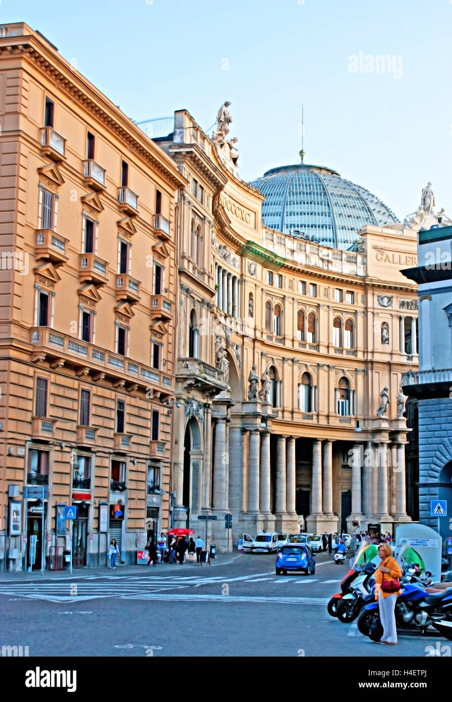 Via San Carlo with a glass dome and high columns of Galleria Umberto I, Naples Italy Stock Photo