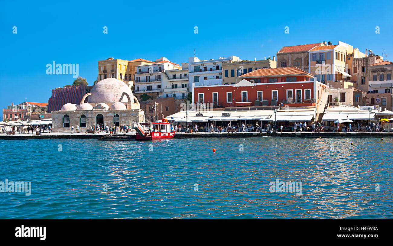 The old town around the haven with Hasan Pasha Mosque on the left, Chania Crete Greece Stock Photo