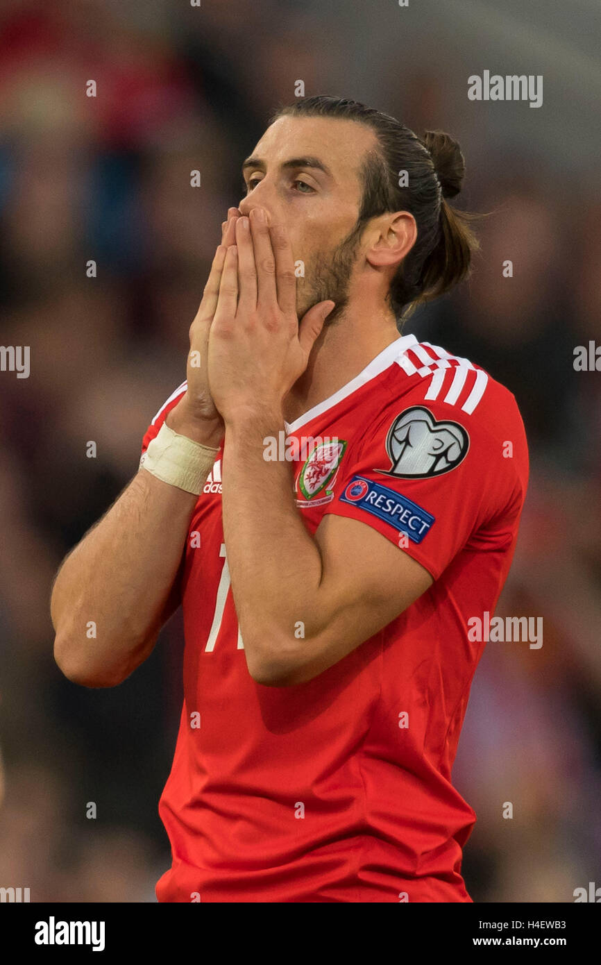 Wales footballer Gareth Bale looks dejected and shows his frustration after missing an attempt on goal while playing Georgia. Stock Photo