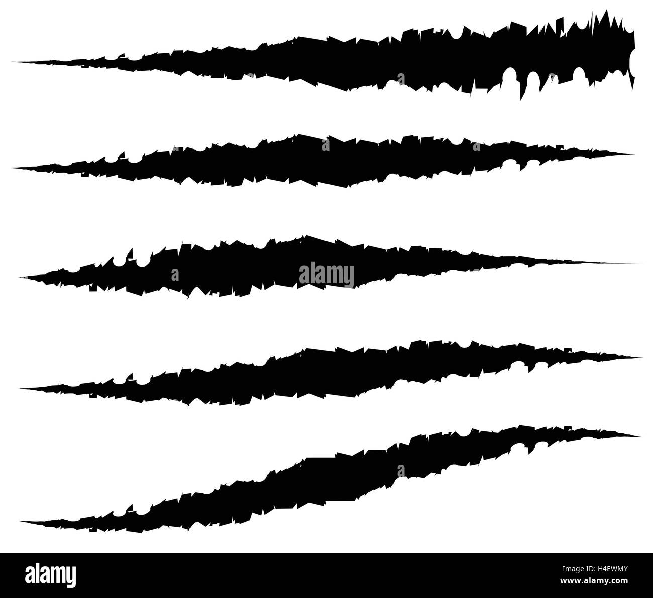 5 different claw scratches, claw marks. Edgy rip, wound shapes Stock