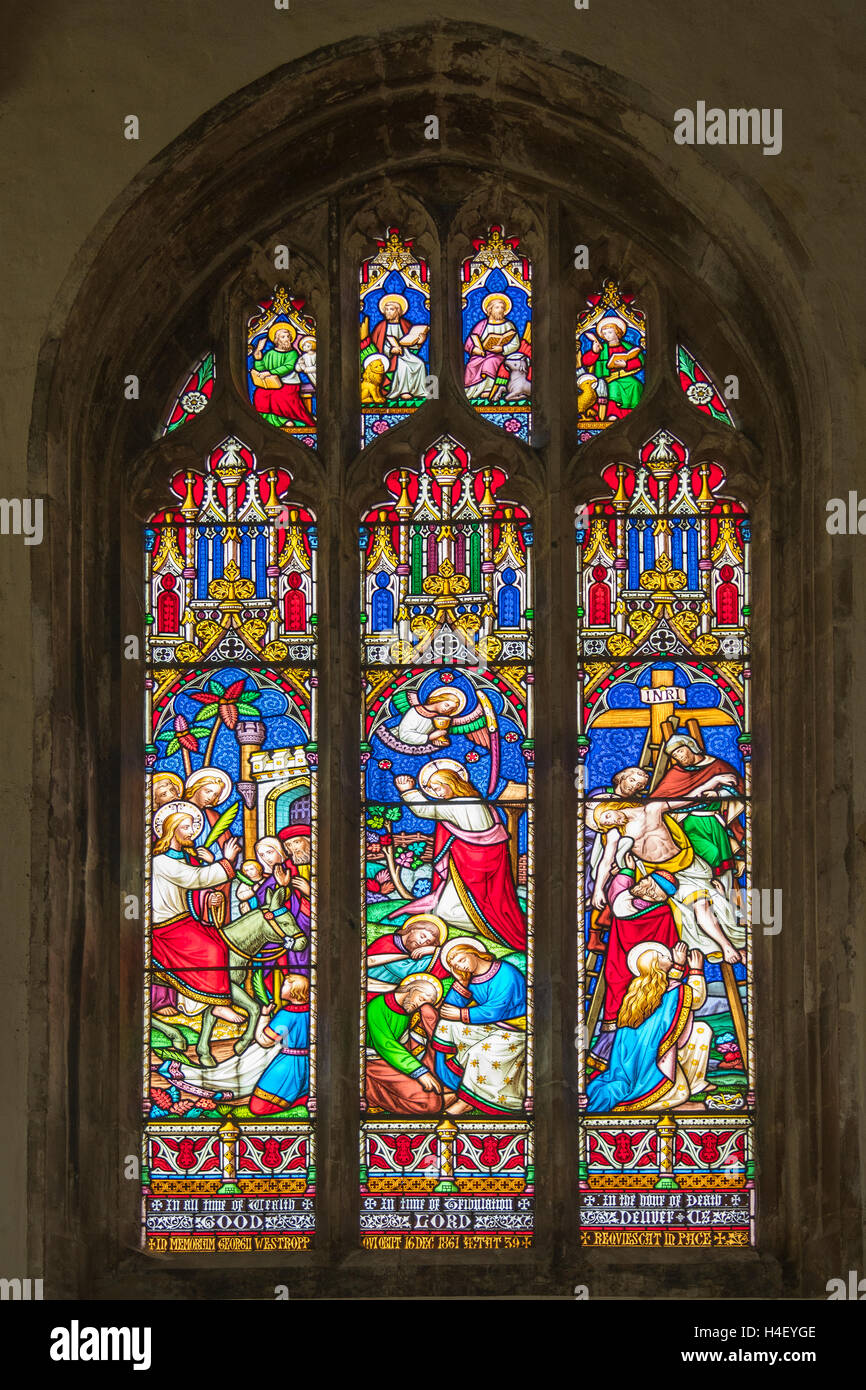 Stained Glass Window in Holy Trinity Church, Long Melford, Suffolk, England Stock Photo
