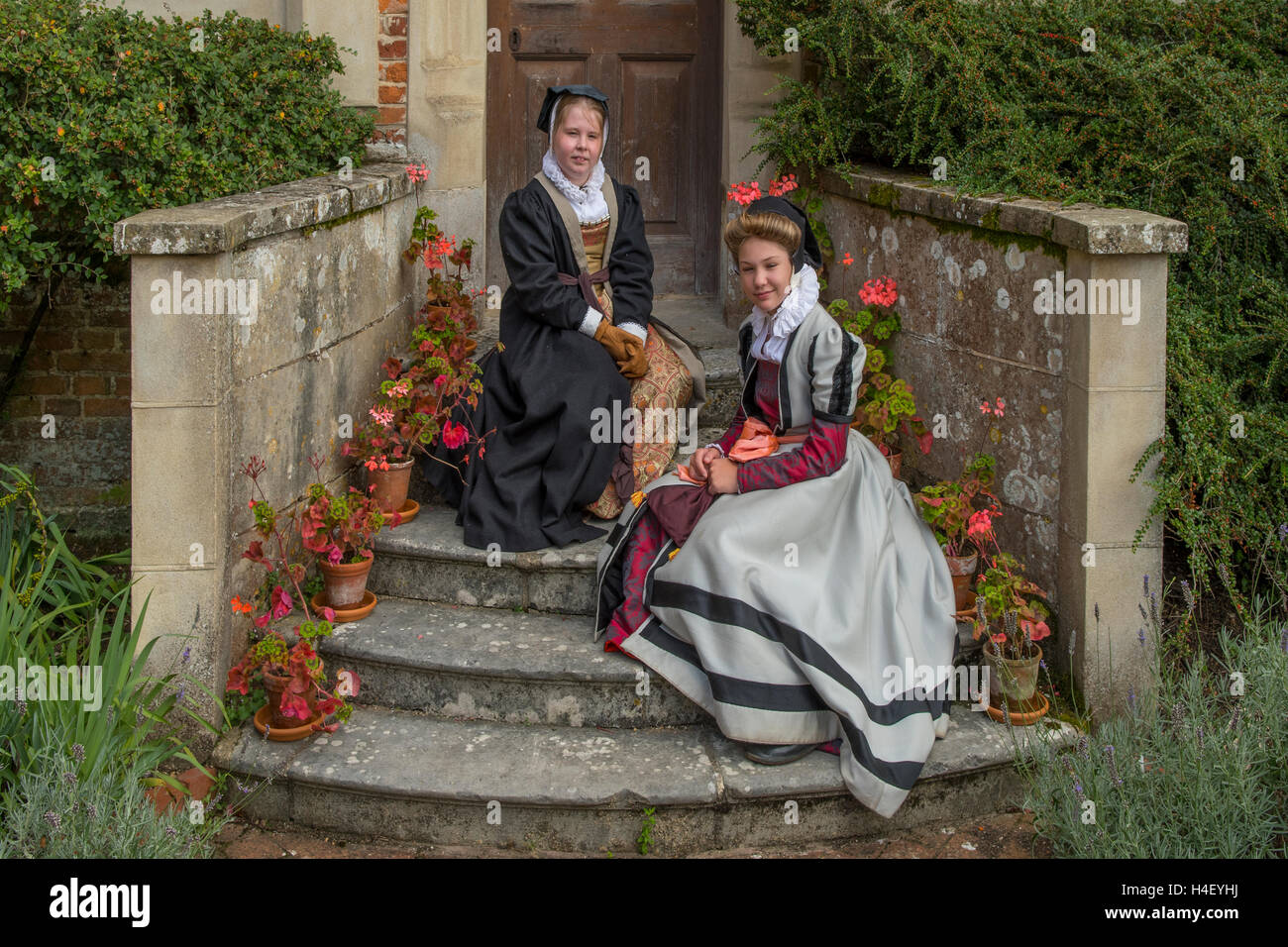 Tudor Ladies in Waiting in Kentwell Hall, Long Melford, Suffolk, England Stock Photo