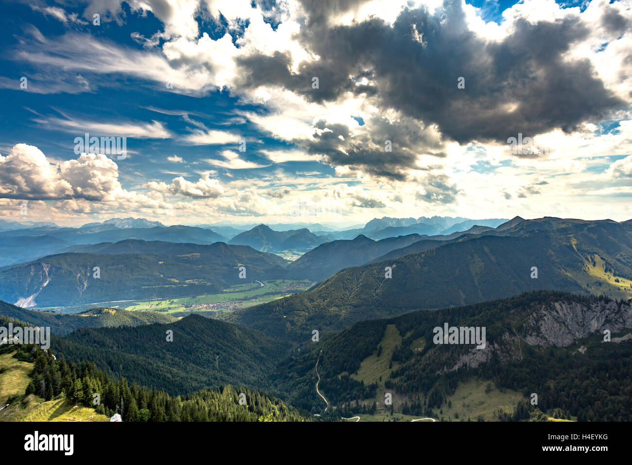 View from Kampenwand to Schlechinger Forestry and Schleching with Achental, Chiemgau Alps, Aschau, Bavaria, Germany Stock Photo