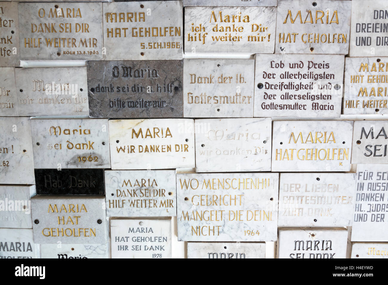 Boards made of marble with acknowledgements, Church of Weinfeld at Weinfelder Maar, Schalkenmehren, Rhineland-Palatinate Stock Photo